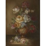 European School, mid-20th century- Flowers in a vase; oil on canvas laid down on board, indistinctly