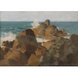 Albert Julius Olsson RA, British 1864-1942- Sea crashing against the rocks; oil on panel, signed,
