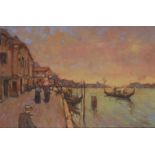 Ken Moroney, British b.1949- Venice canal scene beneath a pink sky; oil on board, signed, 22.5x33.