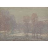 George Houston RSA RI RSW, Scottish 1867-1947- Wooded hillside in winter; oil on panel, signed, 25.