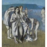 Alexander Goudie, Scottish 1933-2004- Figures bathing; oil on canvas, signed, 78.5x73cm (ARR)