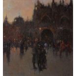 Ken Moroney, British b.1949- Venice Piazza de San Marco at dusk; oil on board, signed, 33x30.5cm, (