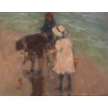 Ken Moroney, British b.1949- Children on the Beach; oil on board, signed, 21x25.5cm, (ARR)Please