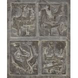 Bernard Meadows, British 1915-2005- Four Cockerels; patinated plaster relief panel, signed with