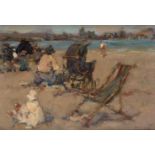 Ken Moroney, British b.1949- Figures on a beach with pram and deck chair; oil on board, signed,