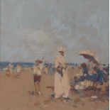 Ken Moroney, British b.1949- Figures on a beach with parasol; gouache on paper, bears stamped