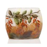 Daum, an enamelled glass pillow vase with rosehips c.1910, signed in relief Daum Nancy with Cross of