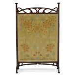 An Art Nouveau mahogany fire-screen with 'Glasgow School' Embroidered panel c.1905, label on the