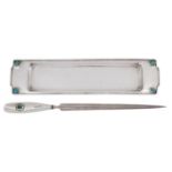 Liberty & Co, a silver pen tray and letter opener both set with turquoise matrix cabochons Pen