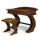 Marc Van Rampelberg (b.1949), an Iroko writing desk and stool c.1986, with inlaid ebony signature to