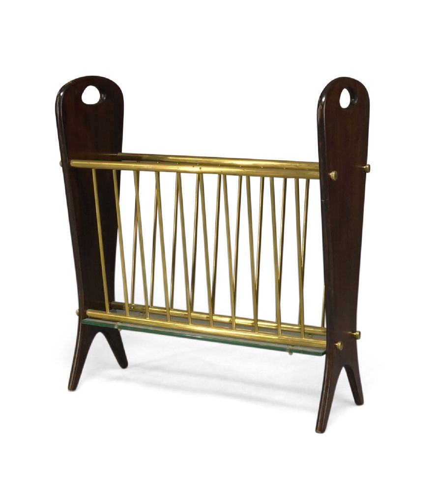 Italian, a stained beech, brass and glass magazine rack c.1950 With shaped mahogany end supports,