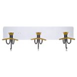 Lacquered metal and brass coat hooks c.1960, unsigned A set of three mounted coat and hat hooks with