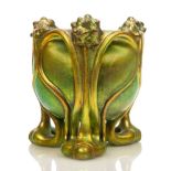 Zsolnay, an Art Nouveau Eosin glazed ceramic vase raised on three open work feet c.1905, raised