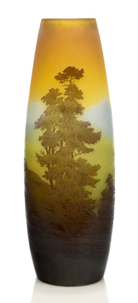Gallé, a large cameo glass double overlay Alpine Landscape vase c.1910, signed in relief Gallé Of