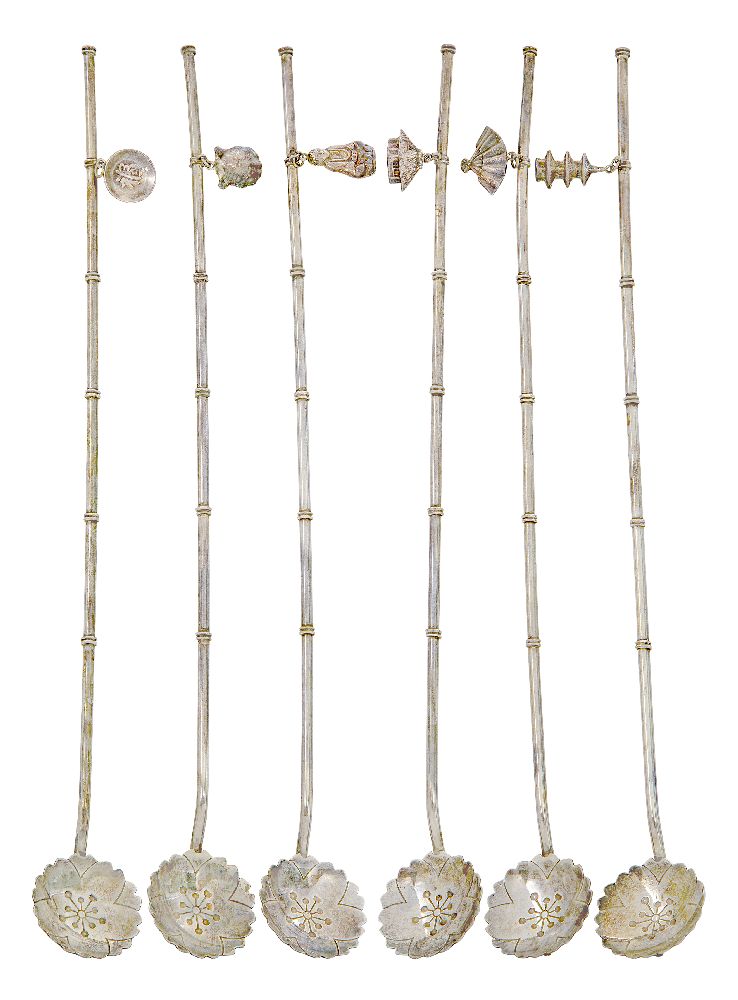 A Set of six Japanese silver-coloured metal drinking straw-spoons 20th Century, stamped 'Sterling