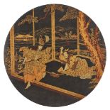 A Japanese circular lacquer panel, 19th century, finely decorated with swordmakers forging a katana,
