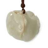 A Chinese pale green jade peach pendant, 19th century, finely carved as a bat atop a large peach
