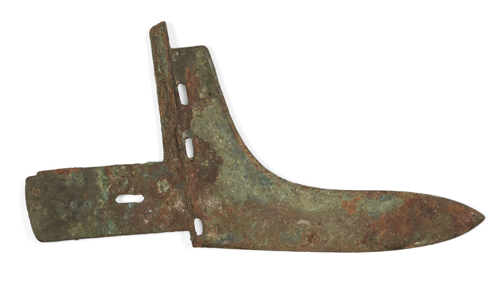 A Chinese bronze halberd blade, Han dynasty, sparsely covered with malachite-green encrustations,