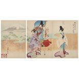 Chikanobu School, Japanese late 19th century, Noble Women at Mt. Fuji, woodblock print in colours,