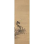 A Japanese hanging scroll, 19th century, ink on paper, depicting a moonlit lakeside, bearing two red