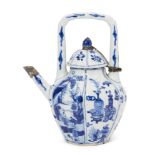 A Chinese porcelain hexagonal wine pot, Kangxi period, painted in underglaze blue to the lobed