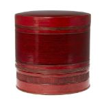 A Burmese red lacquer cylindrical food box, late 19th century, finely painted throughout with linear