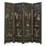 A Chinese hardwood four-panel screen, 20th century, hardstone-inlaid with figures in a garden