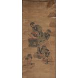 A Japanese hanging scroll depicting Ainu, 18th century, ink and colour on silk, scene of an Ainu