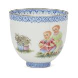 A Chinese eggshell porcelain tea bowl, Republic period, painted in famille rose enamels with two