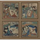 Four Japanese Shunga prints, Meiji Period, Utagawa School, woodblock prints in colours, each 11 x