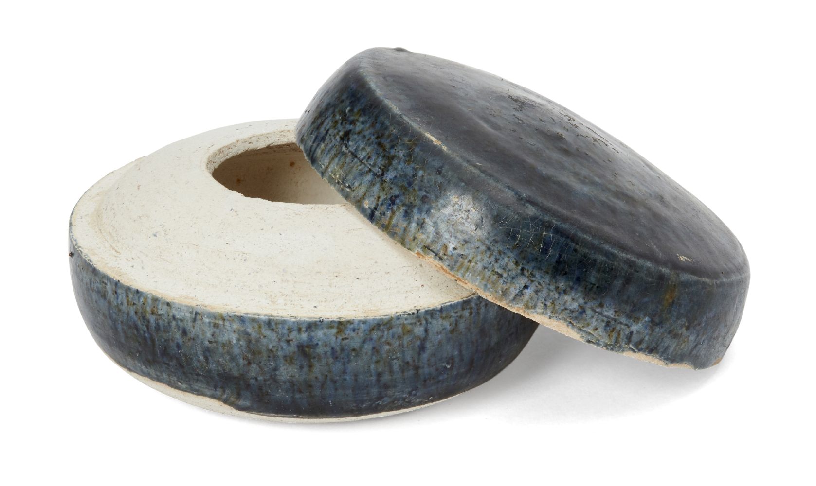 A Chinese blue-glazed pottery cosmetic box, Tang dynasty, of circular form, covered in a slightly - Image 2 of 2