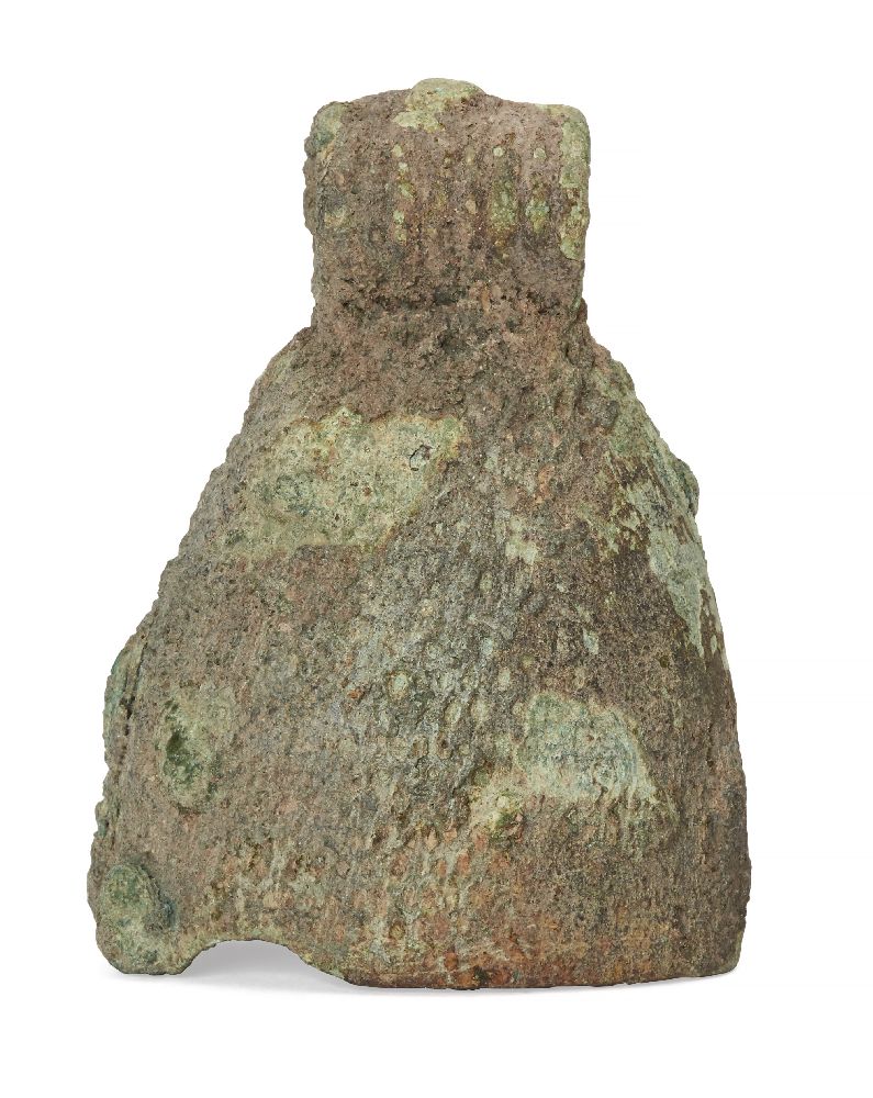 A Chinese bronze bell, Han dynasty, with broad loop, heavily encrusted, 6.5cm high Provenance: