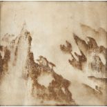 A Chinese marble panel, 19th century, painted to mimic mountain inclusions in the stone, in hardwood