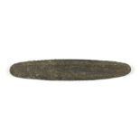 A Chinese bronze currency bar, Neolithic, of oblong form with single groove to one side, 12cm long
