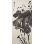 20th century Chinese School, two similar ink on paper studies of lotus flowers, 69cm x 32cm and 59cm