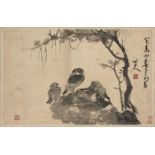 ZHU DA (BADA SHANREN) (c. 1626 - 1705), ink on paper, hanging scroll, two birds on a rock, 35.2 x