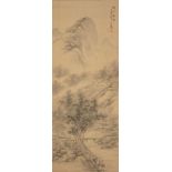 Two Japanese scrolls, Meiji Period, ink on paper, one depicting a rainy mountain scene, signed and