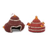 Two Tibetan ceremonial hats, mid-20th century, each decorated with rows of small coral beads