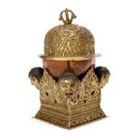 A Tibetan gilt metal ritual skull cap offering bowl, 19th century, the bowl carved from alabaster