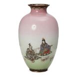 A Japanese cloisonné vase, Meiji period, of baluster form, depicting noble figures being waited on