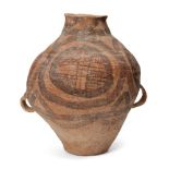 A Chinese pottery slip-painted jar, Neolithic period, painted with cross-hatch designs within