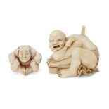 A Japanese Ivory Okimono and Netsuke, Meiji Period, Okimono carved as a man guarding a box with