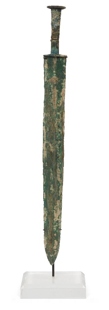 A Chinese bronze sword, jian, Warring States period, with tapered double-edged blade, partially