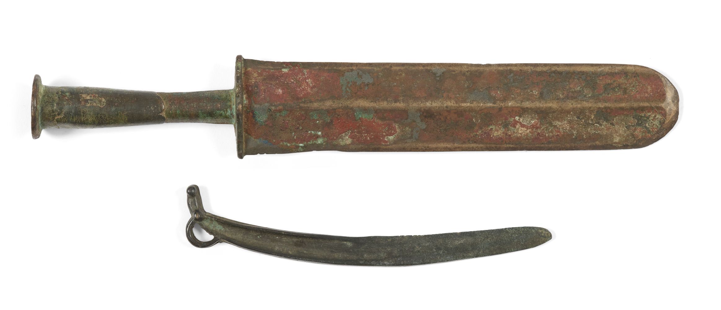 Two Chinese bronze knives, Warring States period and later, one with double-edged rounded blade,