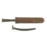 Two Chinese bronze knives, Warring States period and later, one with double-edged rounded blade,