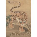 Kano Isen'in Naganobu, Japanese 1775-1828, Tiger by a Stream, ink on silk in colours, signed Isen'in