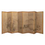 A Pair of Japanese Eight-Panel Screens, After Sesson Shukei, 17th century, ink on paper, each screen