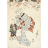 Utagawa Kuniyoshi, Japanese 1797-1861, woman and child, c.1840s, woodblock print in colours, panel