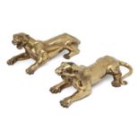 A pair of Tibetan polished bronze tigers, early 20th century, each modelled in recumbent pose with
