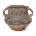 A Chinese pottery vase, Neolithic period, Majiayao Culture, with two strap handles, slip-painted